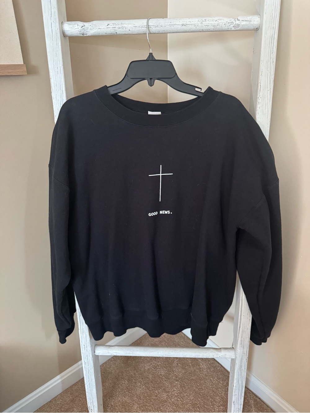 Hanes Black Crewneck Sweatshirt with White Cross and 'Good News' Text